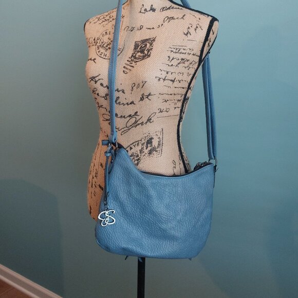 Slate Blue Jessica Simpson Crossbody Bag; zip top and front pockets - Picture 3 of 12